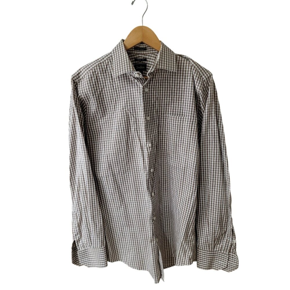 Neiman Marcus Mens Brown & White Gingham Cotton Trim Fit Dress Shirt Size 15.5 3